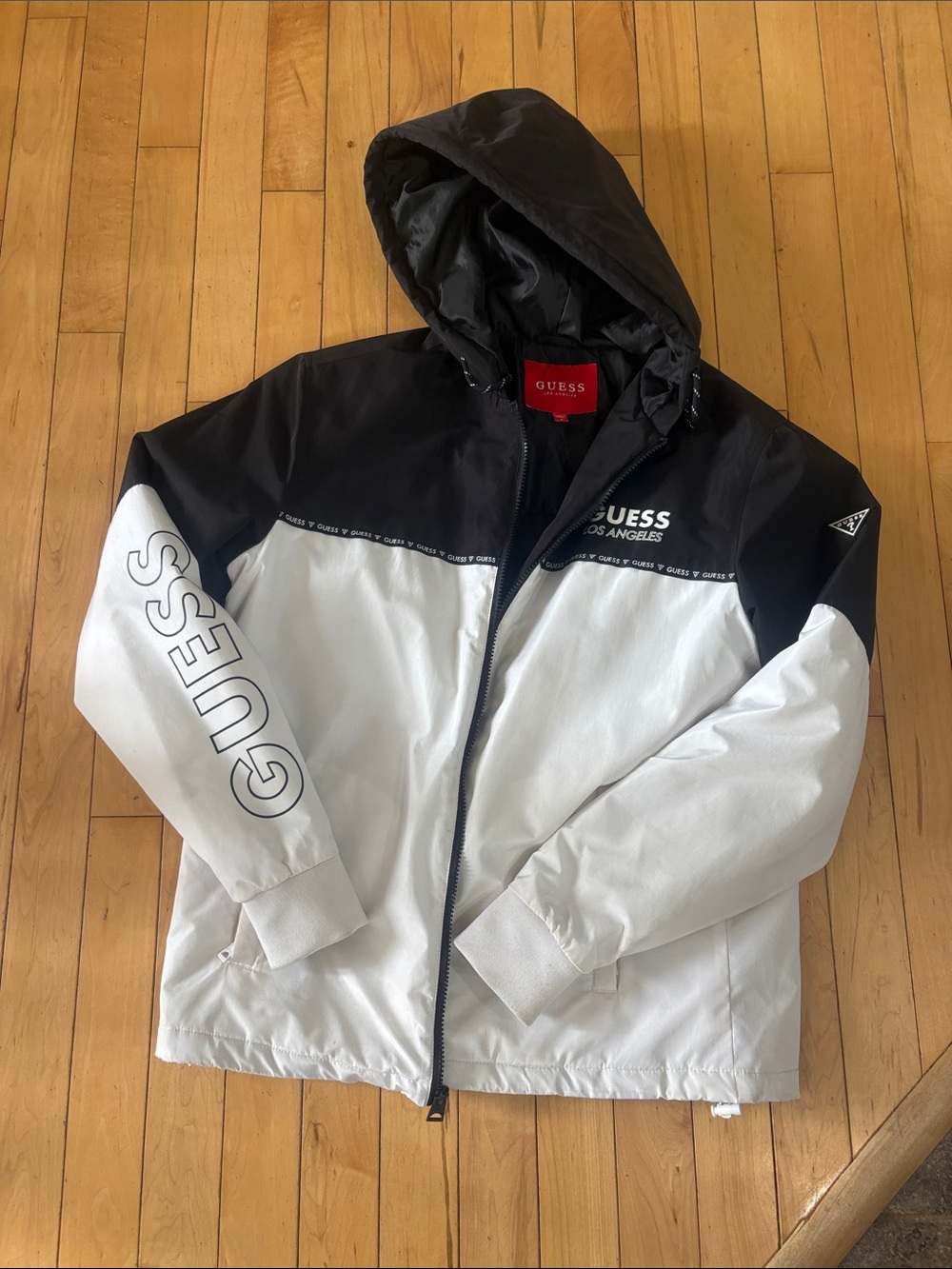 GUESS Black and White Colorblock Hooded Winter Jacket